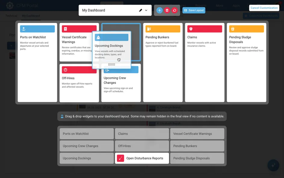 Screenshot of CFM Portal dashboard customisation